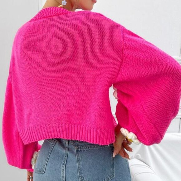 Hot Pink Floral Bishop Sleeved Sweater Cardigan - Picture 3 of 8